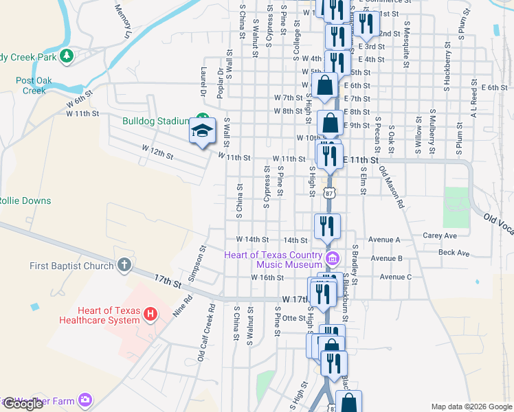 map of restaurants, bars, coffee shops, grocery stores, and more near 1400 South Walnut Street in Brady