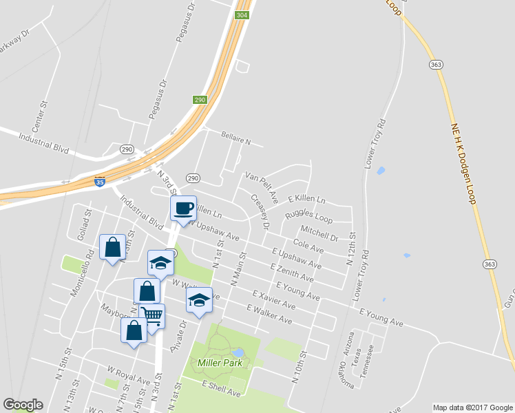 map of restaurants, bars, coffee shops, grocery stores, and more near 3002 Creasey Drive in Temple