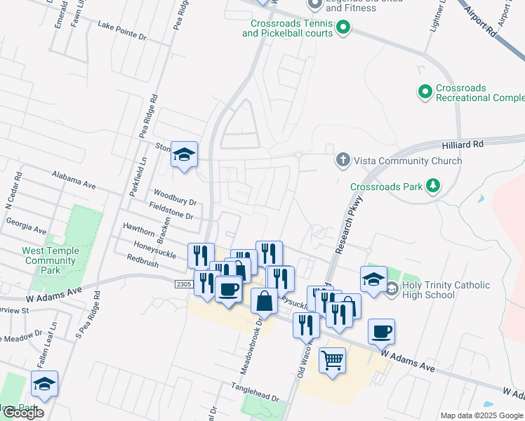 map of restaurants, bars, coffee shops, grocery stores, and more near 7317 Buffalo Grass Drive in Temple