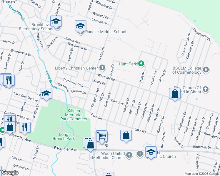 map of restaurants, bars, coffee shops, grocery stores, and more near 1911 Hooten Street in Killeen