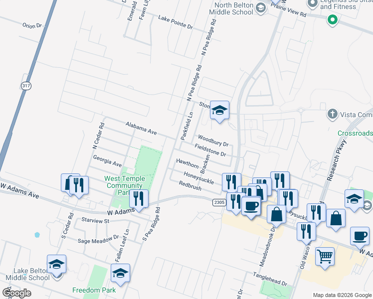map of restaurants, bars, coffee shops, grocery stores, and more near 8012 Bridgepointe Drive in Temple