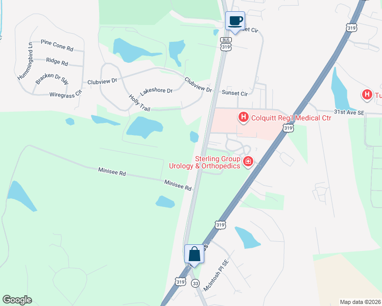 map of restaurants, bars, coffee shops, grocery stores, and more near 3145 South Main Street in Moultrie