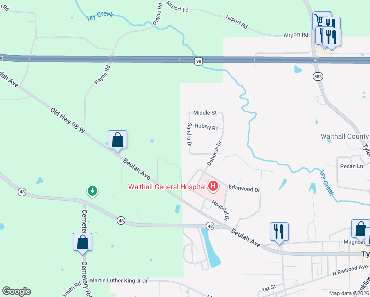 map of restaurants, bars, coffee shops, grocery stores, and more near 101 Sandra Drive in Tylertown