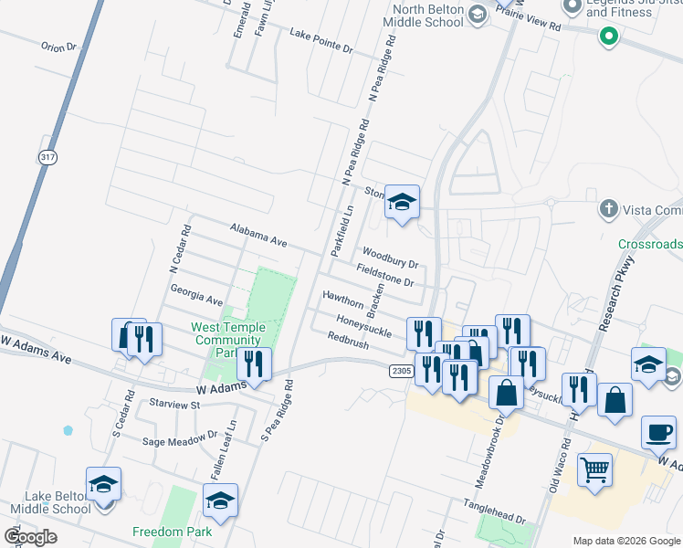 map of restaurants, bars, coffee shops, grocery stores, and more near 8012 Bridgepointe Drive in Temple