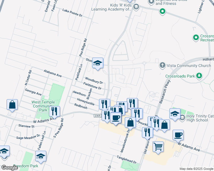 map of restaurants, bars, coffee shops, grocery stores, and more near 465 Westfield Boulevard in Temple