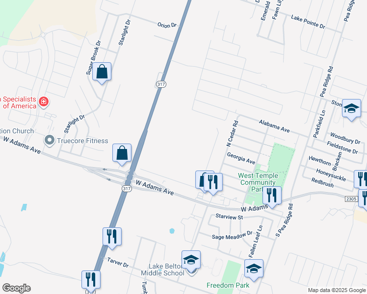 map of restaurants, bars, coffee shops, grocery stores, and more near 8850 Adams Lane in Temple