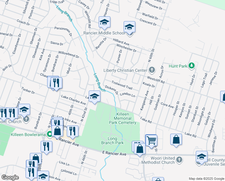map of restaurants, bars, coffee shops, grocery stores, and more near 1909 Dickens Drive in Killeen