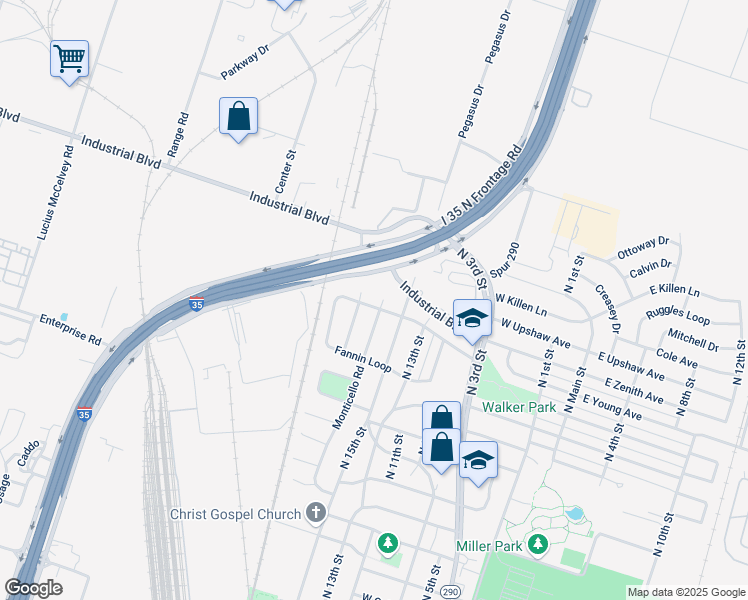 map of restaurants, bars, coffee shops, grocery stores, and more near 2617 Goliad Street in Temple