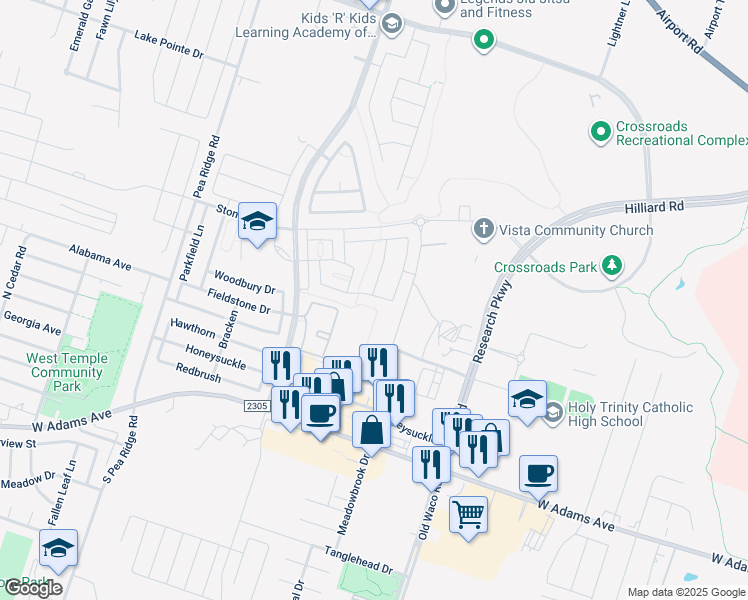 map of restaurants, bars, coffee shops, grocery stores, and more near 7317 Buffalo Grass Drive in Temple