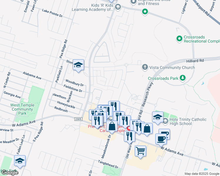 map of restaurants, bars, coffee shops, grocery stores, and more near 7317 Buffalo Grass Drive in Temple