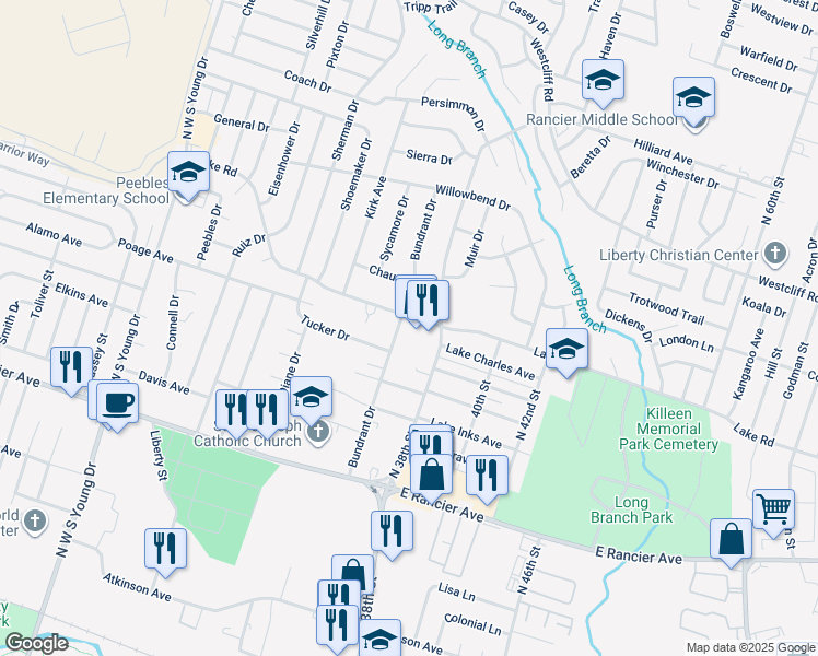 map of restaurants, bars, coffee shops, grocery stores, and more near 1510 Bundrant Drive in Killeen