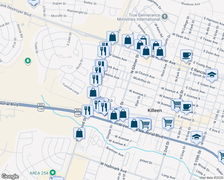 map of restaurants, bars, coffee shops, grocery stores, and more near 310 Cloud Street in Killeen