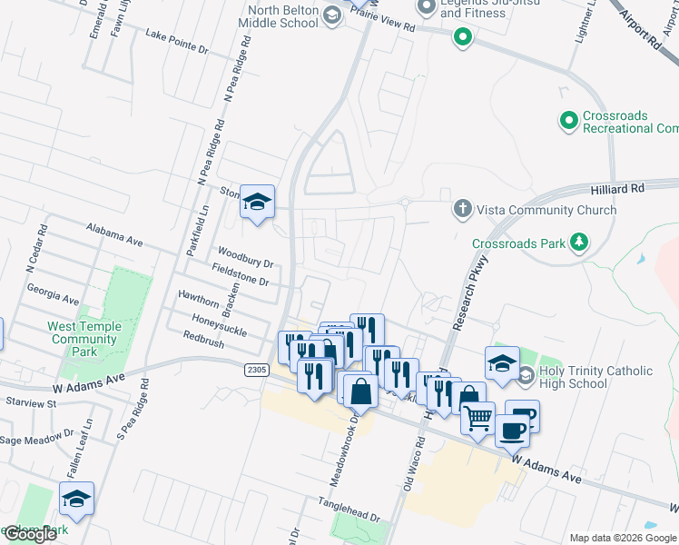 map of restaurants, bars, coffee shops, grocery stores, and more near 7503 Buffalo Grass Drive in Temple