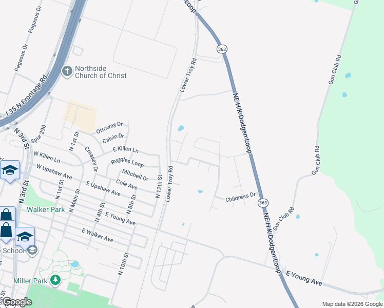 map of restaurants, bars, coffee shops, grocery stores, and more near 3131 Lower Troy Road in Temple