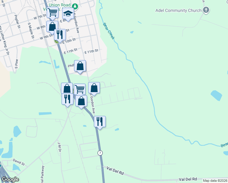 map of restaurants, bars, coffee shops, grocery stores, and more near 1111 Azalea Circle in Adel