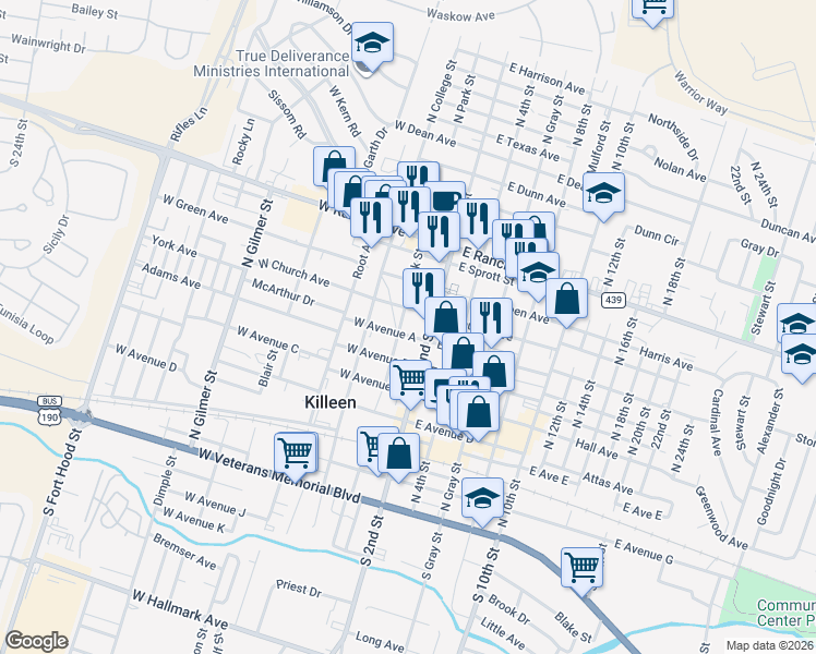 map of restaurants, bars, coffee shops, grocery stores, and more near 613 North 2nd Street in Killeen