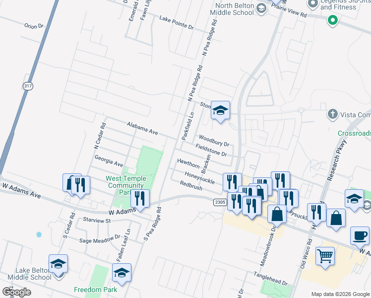 map of restaurants, bars, coffee shops, grocery stores, and more near 8012 Bridgepointe Drive in Temple