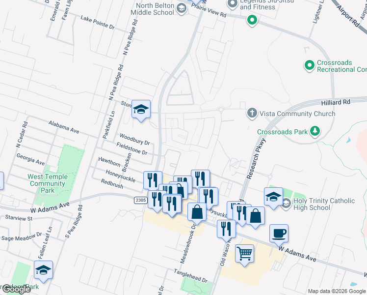 map of restaurants, bars, coffee shops, grocery stores, and more near 7503 Buffalo Grass Drive in Temple