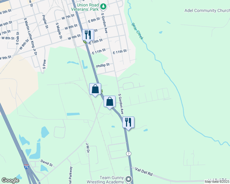 map of restaurants, bars, coffee shops, grocery stores, and more near 1101 S Gordon Ave in Adel