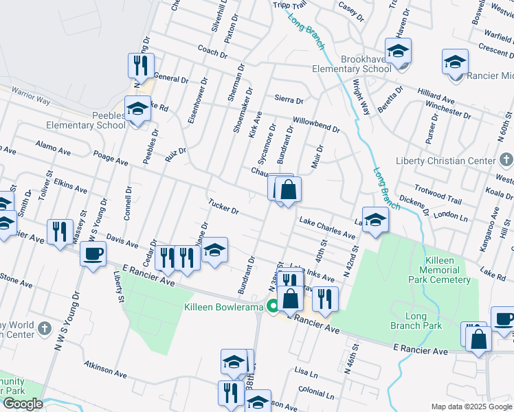 map of restaurants, bars, coffee shops, grocery stores, and more near 2814 Tucker Drive in Killeen