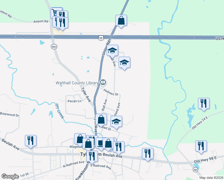 map of restaurants, bars, coffee shops, grocery stores, and more near 704 Ball Avenue in Tylertown