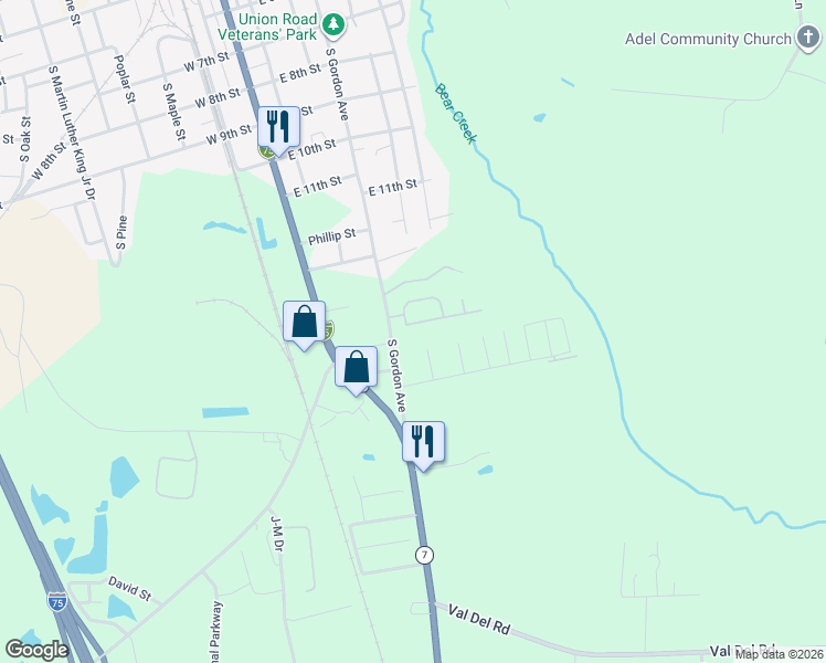 map of restaurants, bars, coffee shops, grocery stores, and more near 1107 Camellia Circle in Adel