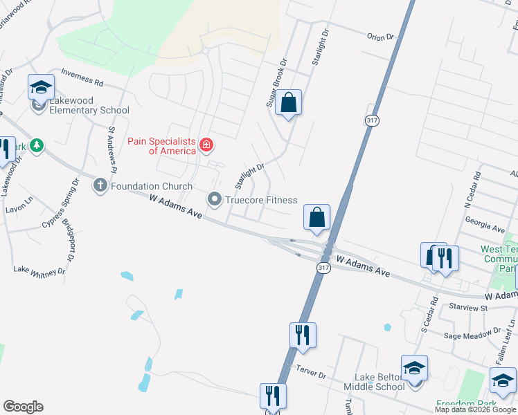 map of restaurants, bars, coffee shops, grocery stores, and more near 9819 Cow Page Court in Temple