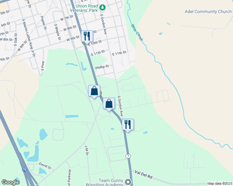 map of restaurants, bars, coffee shops, grocery stores, and more near 1101 S Gordon Ave in Adel