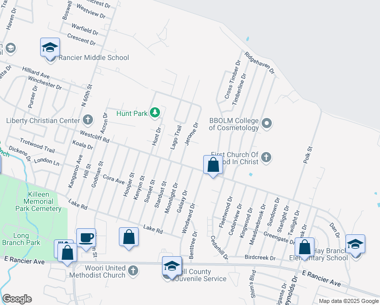 map of restaurants, bars, coffee shops, grocery stores, and more near 4711 Westcliff Road in Killeen