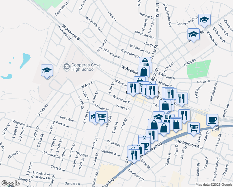map of restaurants, bars, coffee shops, grocery stores, and more near 310 West Avenue F in Copperas Cove