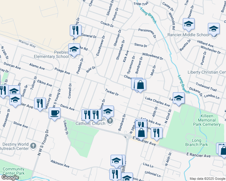 map of restaurants, bars, coffee shops, grocery stores, and more near 2810 Lake Road in Killeen