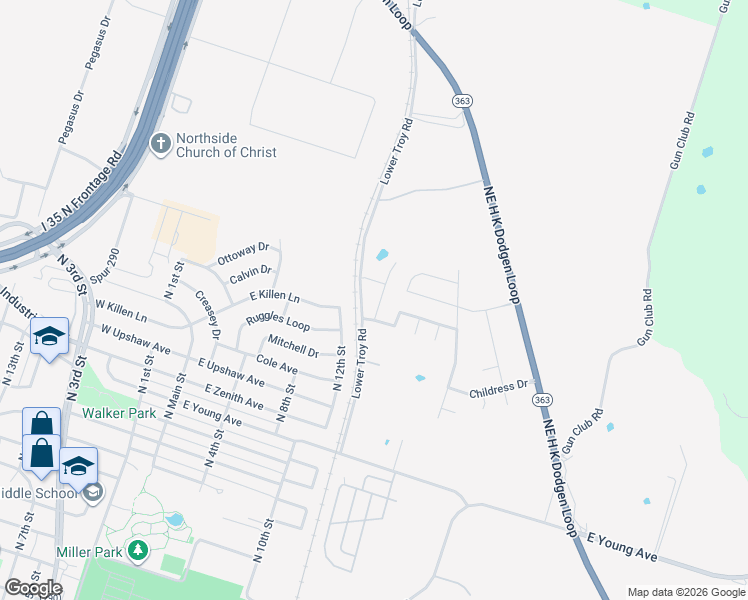 map of restaurants, bars, coffee shops, grocery stores, and more near 3113 North 12th Street in Temple