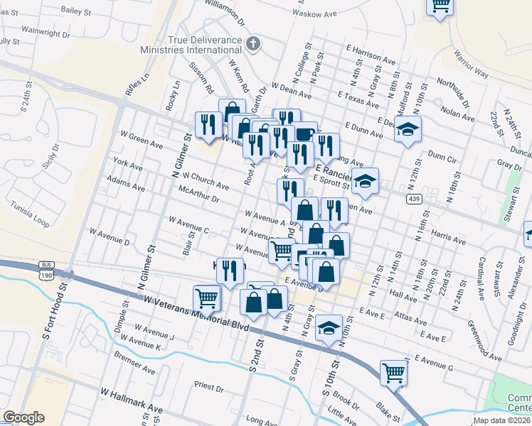 map of restaurants, bars, coffee shops, grocery stores, and more near 208 West Avenue A in Killeen