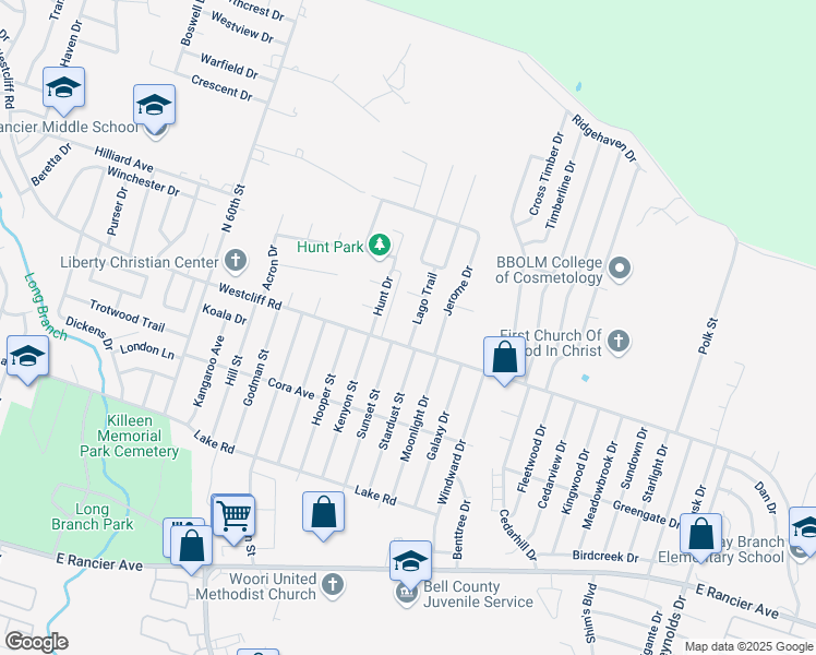 map of restaurants, bars, coffee shops, grocery stores, and more near 2012 Sunset Street in Killeen