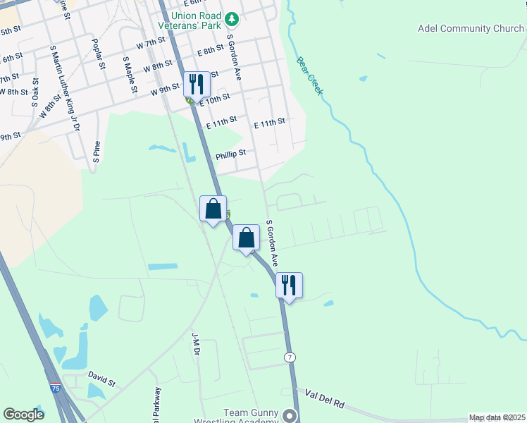map of restaurants, bars, coffee shops, grocery stores, and more near 1101 S Gordon Ave in Adel