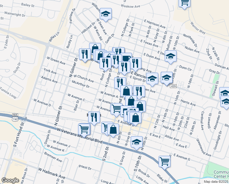 map of restaurants, bars, coffee shops, grocery stores, and more near 208 West Avenue A in Killeen