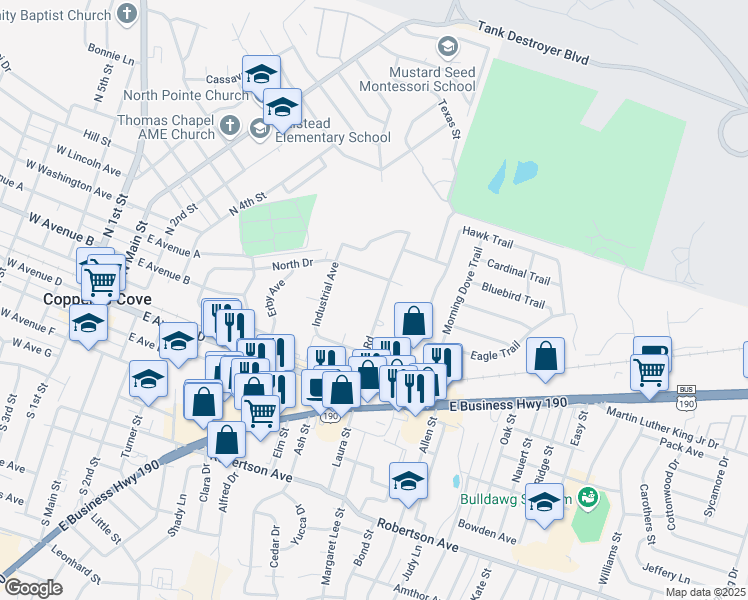 map of restaurants, bars, coffee shops, grocery stores, and more near 119 Wolfe Road in Copperas Cove