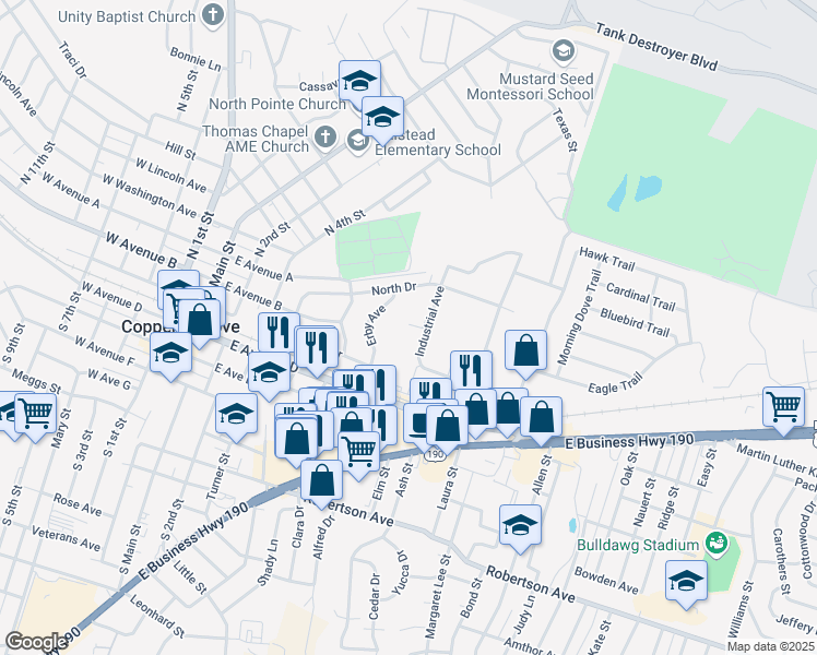 map of restaurants, bars, coffee shops, grocery stores, and more near 805 Industrial Avenue in Copperas Cove