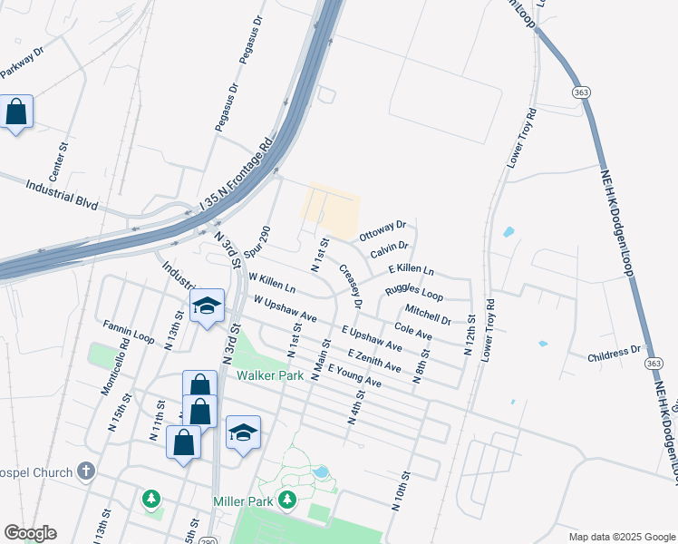map of restaurants, bars, coffee shops, grocery stores, and more near 3002 Creasey Drive in Temple