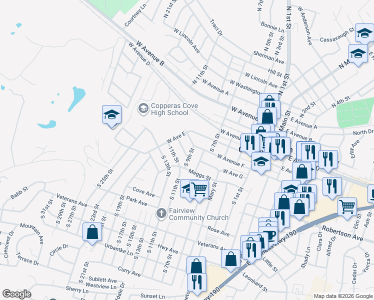 map of restaurants, bars, coffee shops, grocery stores, and more near 509 South 9th Street in Copperas Cove