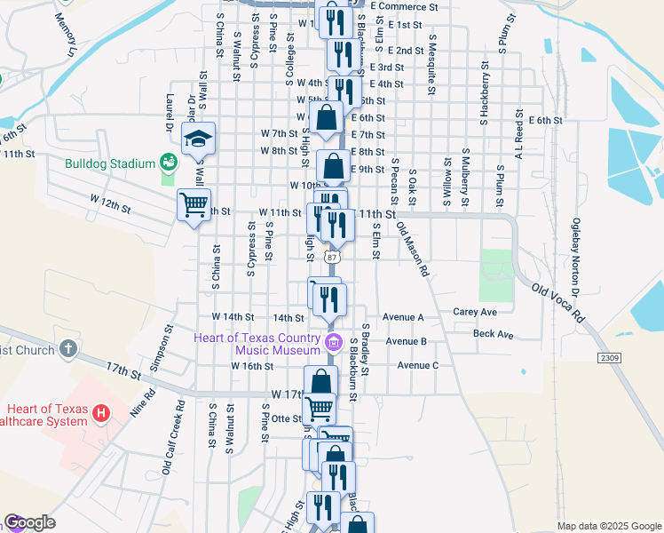 map of restaurants, bars, coffee shops, grocery stores, and more near 1408 South Bridge Street in Brady