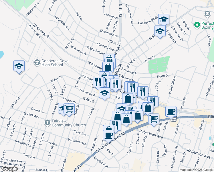 map of restaurants, bars, coffee shops, grocery stores, and more near in Copperas Cove
