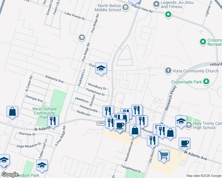 map of restaurants, bars, coffee shops, grocery stores, and more near 465 Westfield Boulevard in Temple