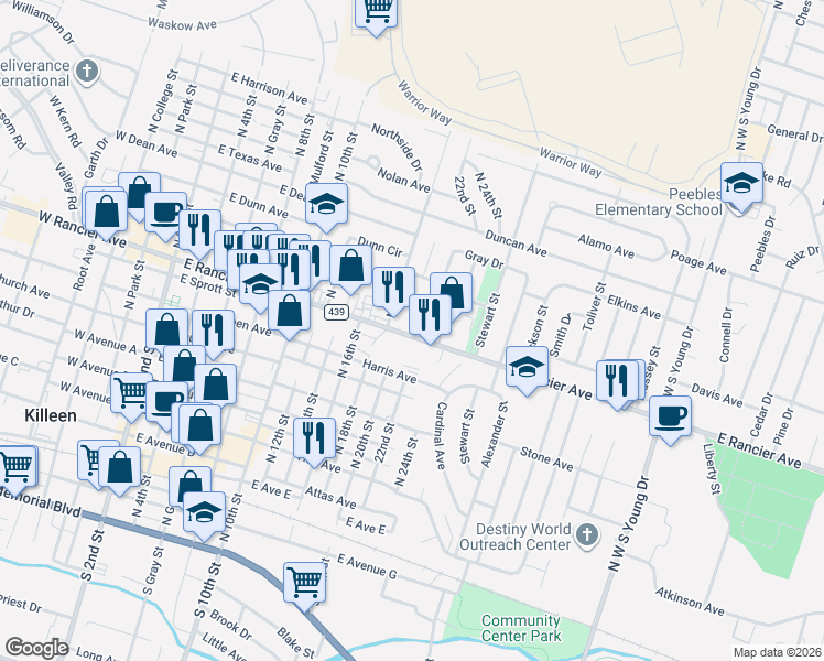 map of restaurants, bars, coffee shops, grocery stores, and more near 902 North 10th Street in Killeen