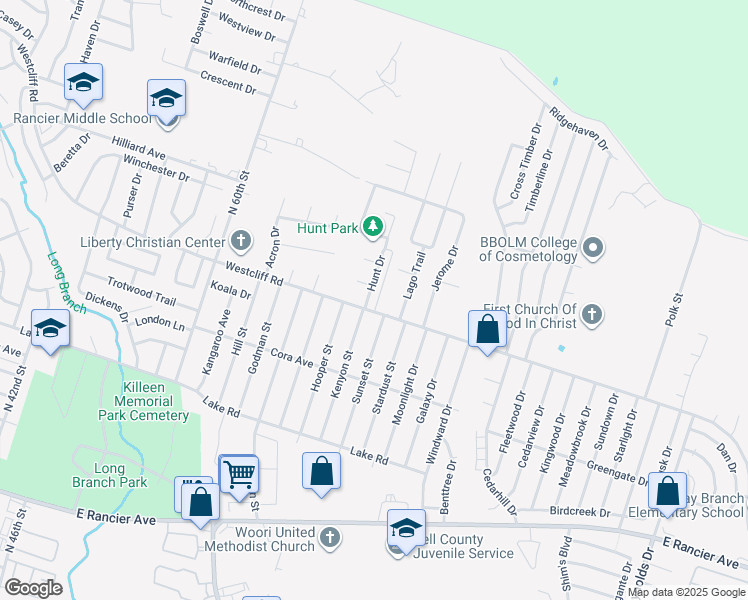 map of restaurants, bars, coffee shops, grocery stores, and more near 2104 Hunt Drive in Killeen