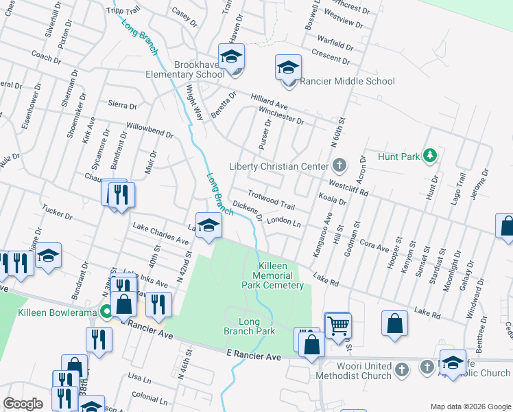 map of restaurants, bars, coffee shops, grocery stores, and more near 1909 Dickens Drive in Killeen