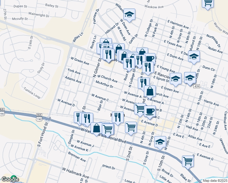 map of restaurants, bars, coffee shops, grocery stores, and more near 425 West Avenue C in Killeen