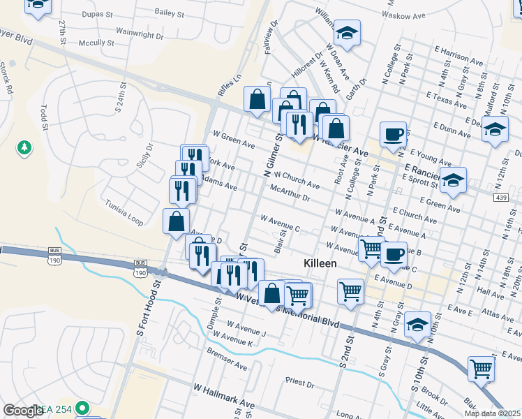 map of restaurants, bars, coffee shops, grocery stores, and more near 722 West Avenue C in Killeen