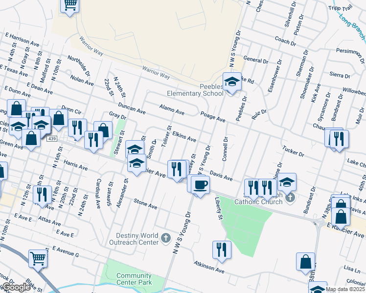 map of restaurants, bars, coffee shops, grocery stores, and more near 1205 Massey Street in Killeen