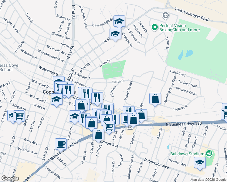 map of restaurants, bars, coffee shops, grocery stores, and more near 209 Erby Avenue in Copperas Cove